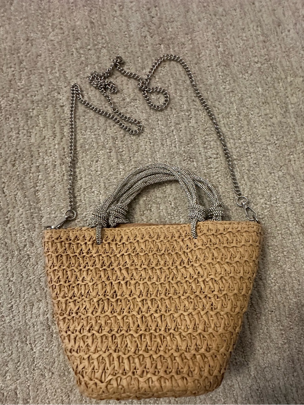 Aqua Natural Woven Tote with Silver Chain and sparkly Rope Handles